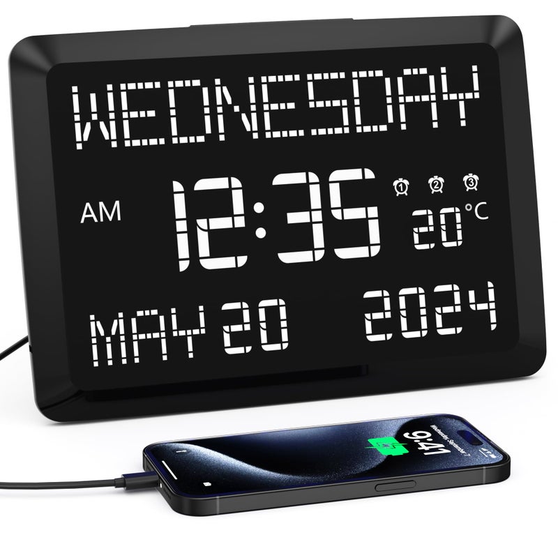 Mesqool 11.5â€ Digital Wall Clock with Date,Time,Week,Indoor Temperature,3 Alarms,5 Dimmer,2 USB Chargers,Battery Backup,Snooze,12/24H for Elderly,Parents,Impaired Vision,Dementia,Memory Loss,Office,Bedroom - Image 1